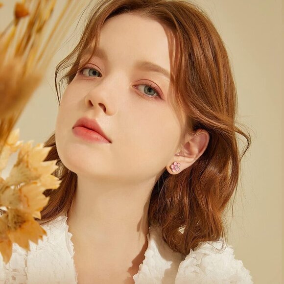 Pink Flower Earrings Sterling Silver Stud Hypoallergenic Gift for Women - Picture 3 of 8